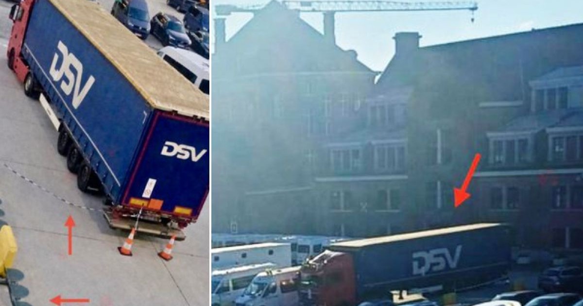 Colaj din două fotografii, în stânga este un camion albastru DSV, iar în dreapta este o parcare și o clădire în fundal.