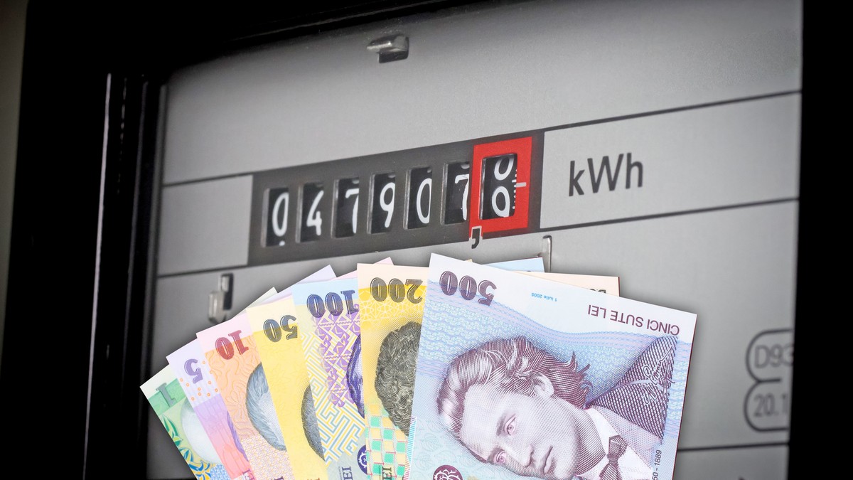 Un contor de energie pe care sunt suprapuse niște bancnote românești