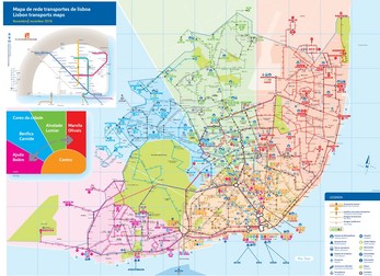 Harta transportului public din Lisabona, care include rute de autobuz, tramvai, metrou şi tren