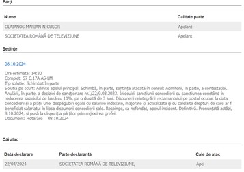 Decizia pronunțată în cazul comentatorului Marian Olaianos. Foto captură portal.just