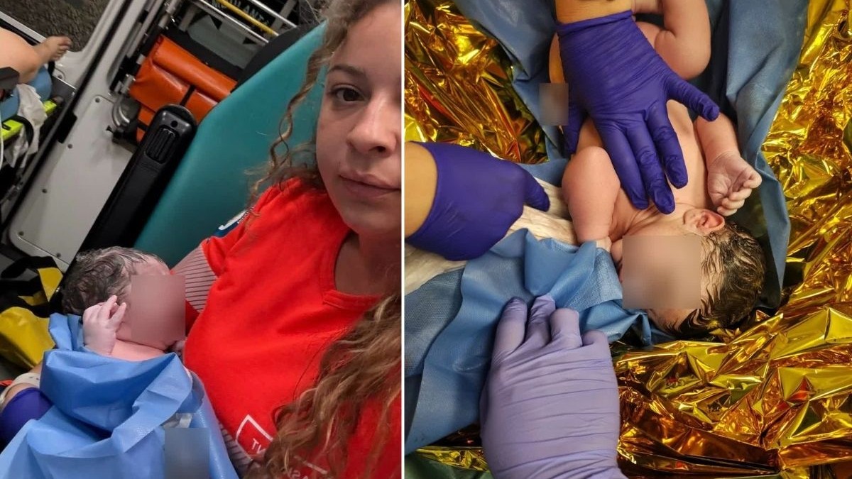 colaj foto format din două fotografii: imaginea din stânga arată o asistenta medicală, de pe ambulanța, cu un copil nou-născut în brațe, iar imaginea din dreapta arată bebelușul cu prosoape în jurul său, stând de o folie de aluminiu aurie