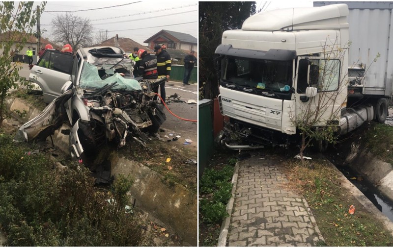 Ciocnire violentă între o mașină și un TIR încărcat cu ciment, în Prahova. Un șofer a murit