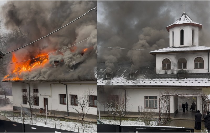 Incendiu puternic izbucnit la o mănăstire din Gorj. Pompierii intervin de urgență pentru stingerea focului