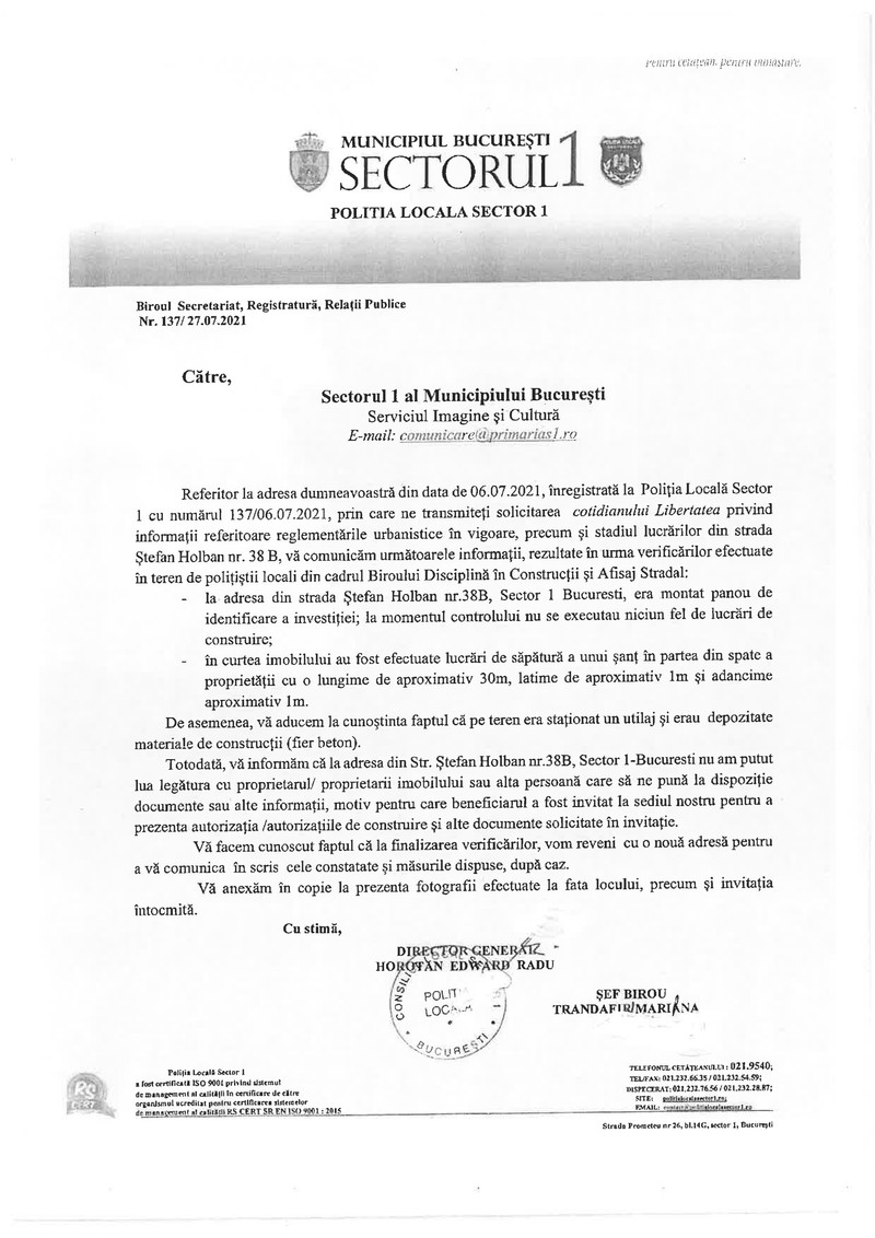 Poliția Locală a Sectorului 1 spune că a identificat doar un șanț pe șantierul proiectului imobiliar
