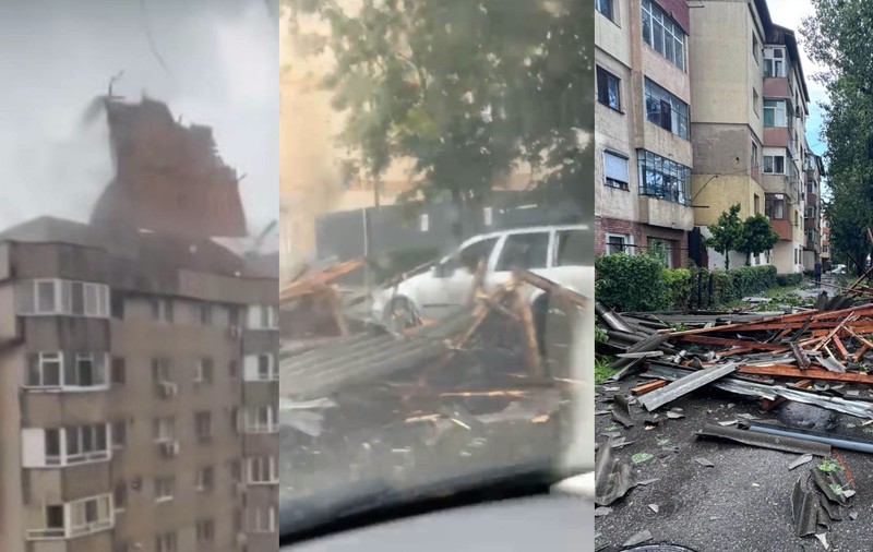 Codul roșu de furtuni a făcut prăpăd în Târgoviște: vântul a smuls și aruncat în stradă acoperișul unui bloc, zeci de copaci au fost puși la pământ