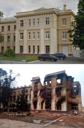Școala 134 din Harkov, înainte de bombardament (foto sus) și după | Foto: Google Street View