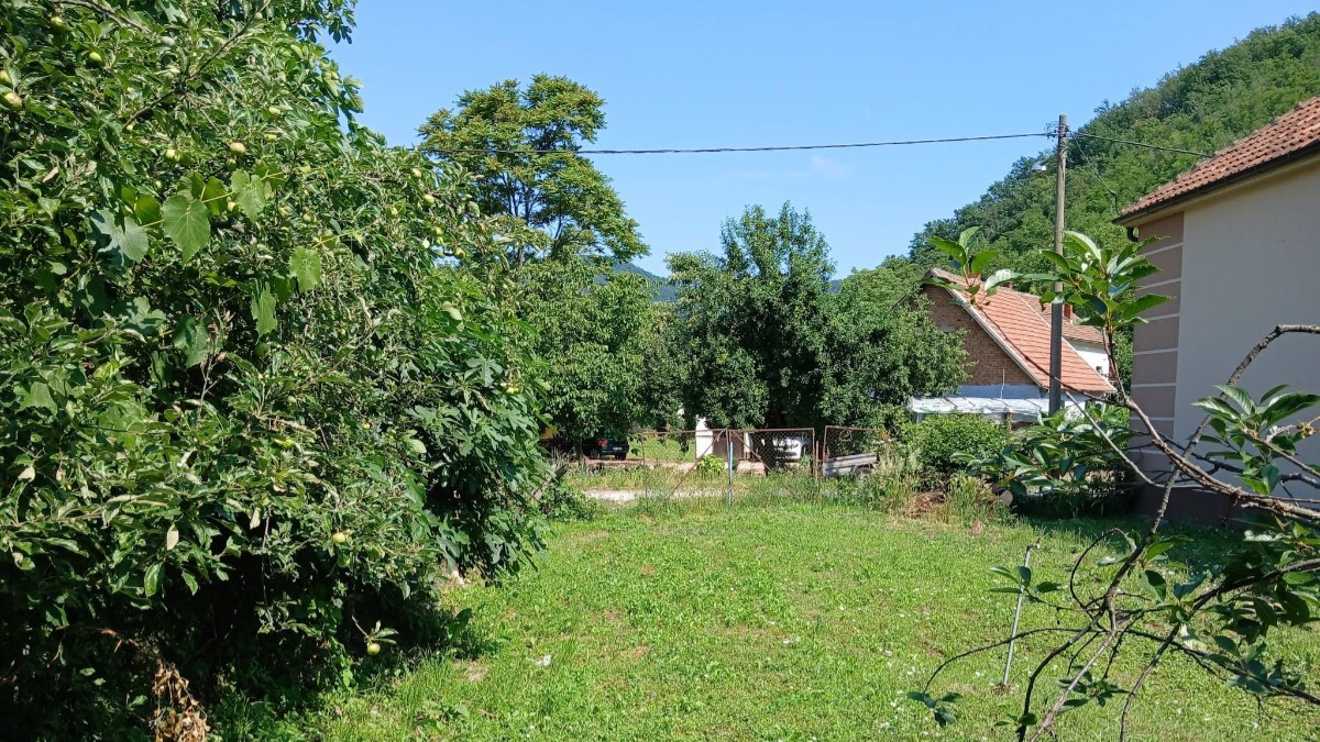 O curte rustică înverzită, mărginită de pomi fructiferi și vegetație bogată, având în fundal o casă cu acoperiș din țiglă situată la poalele unui deal împădurit.