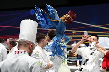 Sweet works of France during the Pastry World Cup at Sirha in Lyon. The Pastry World Cup at Sirha in Lyon, brought together top pastry chefs for a competition of artistic and technical challenges. This event highlighted the creativity and precision in pastry making, celebrating the global pastry community's diversity and high standards. The Pastry World Cup at Sirha in Lyon, France - 25 Jan 2025,Image: 957946064, License: Rights-managed, Restrictions: , Model Release: no