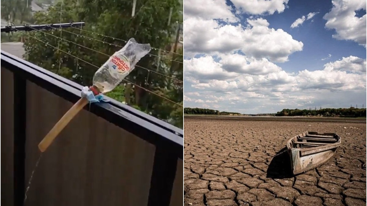 Colaj cu Zona Donețk care a rămas fărăa apă. in imaginea din stânga oamenii strang apa de plaoie folosind o sticla de plastic, in imaginea din dreapta un câmp secetos, cu pamântul complet crapat, o barcă rămasă pe pamant după ce rezervorul de apă Khanzhonkiv a secat complet