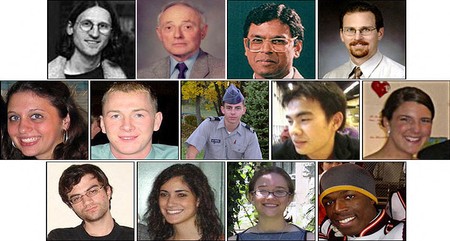 13 victime ale profesorilor și studenților din 32 ucise în masacrul din 16 aprilie 2007 de la Virginia Tech din Blacksburg, Virginia. De la L-R (rândul de sus): Instructor german Virginia Tech Christopher James Bishop, Profesor VT de Inginerie Liviu Librescu (un supraviețuitor israelian al Holocaustului), Profesor VT de Inginerie Civilă și de Mediu G.V. Loganathan (de naționalitate indiană), profesor VT de știință și mecanică Kevin Granata, (rândul din mijloc): studenți Emily Hilscher, Jarrett Lane, Matthew LaPorte, Henry Lee, Caitlin Hammaren, (rândul de jos): Ross Alameddine, Reema Samaha (american- Libanez), Maxine Turner și Ryan Clark. Foto: Profimedia