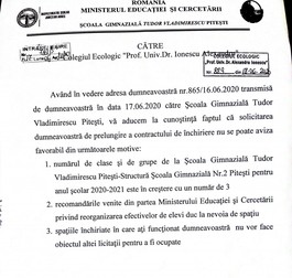 Adresa Școlii nr 2 către Colegiul Ecologic din Pitești