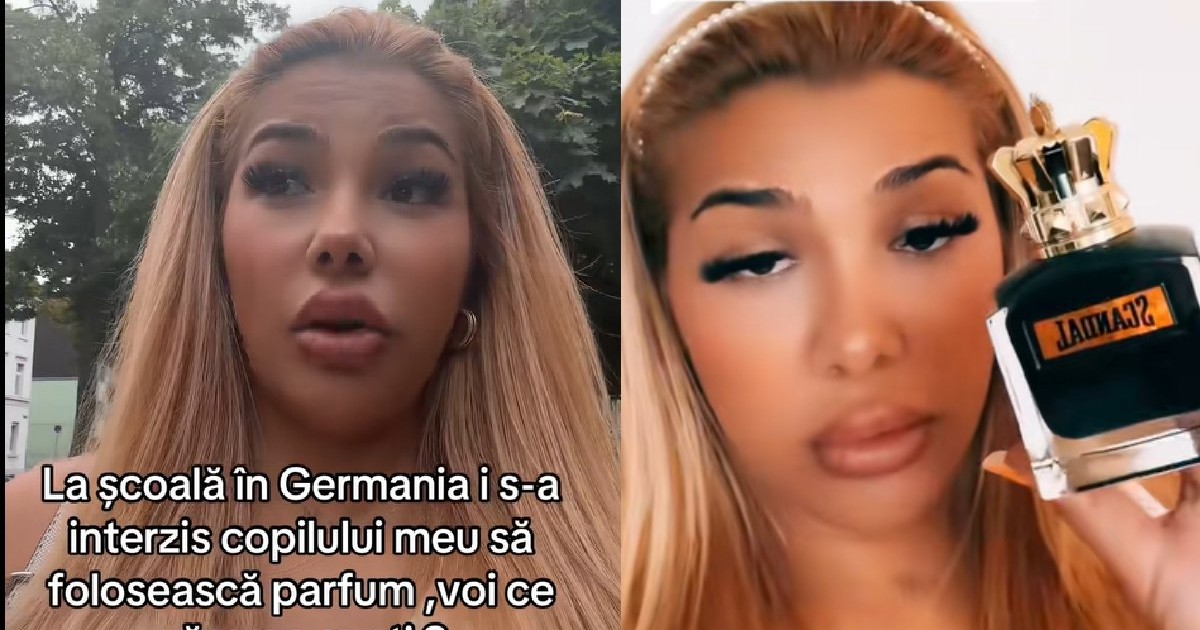 O femeie blondă, cu o dcordelută pe cap, arată un parfum