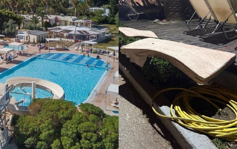 Colaj: un hotel cu piscina si tobogane// niste sezlonguri arse de soare cu saltele aruncate
