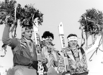 Women's slalom award ceremony. From left Natasa Bokal (silver) - Vreni Schneider (gold) - Ingrid Salvenmoser (bronze). Alpine Ski World Championships 1991 in Saalbach-Hinterglemm. 1 February 1991. Photograph.,Image: 848658902, License: Rights-managed, Restrictions: , Model Release: no