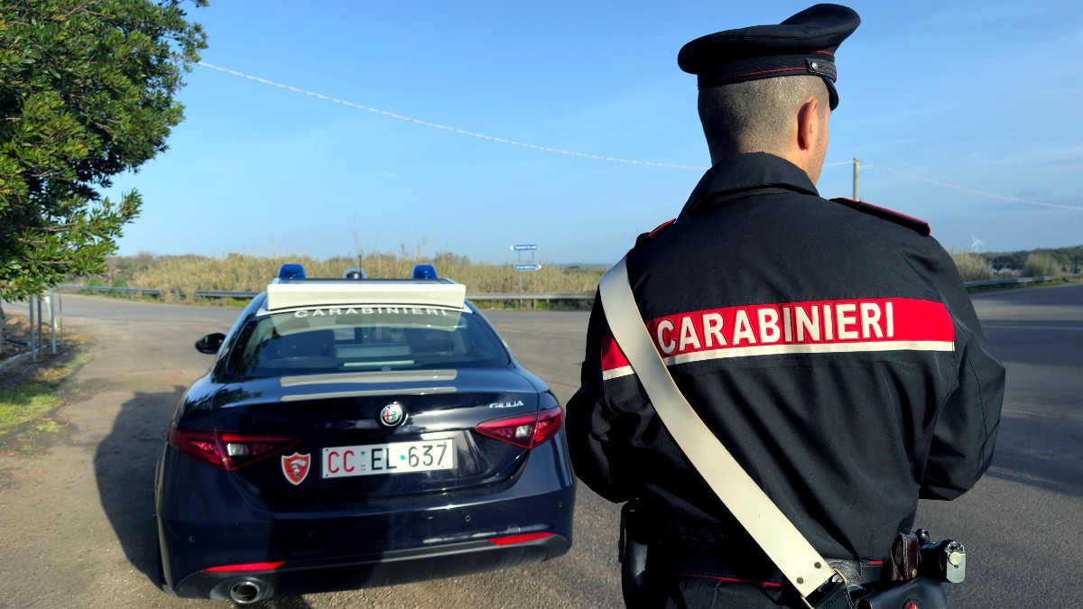 Imaginea arată un carabinier italian văzut din spate, îmbrăcat în uniforma oficială, stând lângă mașina de patrulare. Vehiculul, inscripționat „Carabinieri”, este oprit pe marginea unui drum, sugerând o acțiune de control sau intervenție în zonă.
