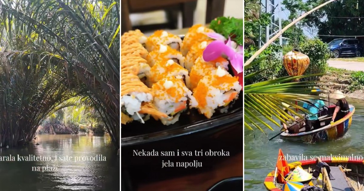 Imaginea este un colaj de trei secvențe dintr-o vacanță, prezentând un canal navigabil străjuit de palmieri, un platou cu sushi și turiști plimbându-se cu bărci tradiționale rotunde.