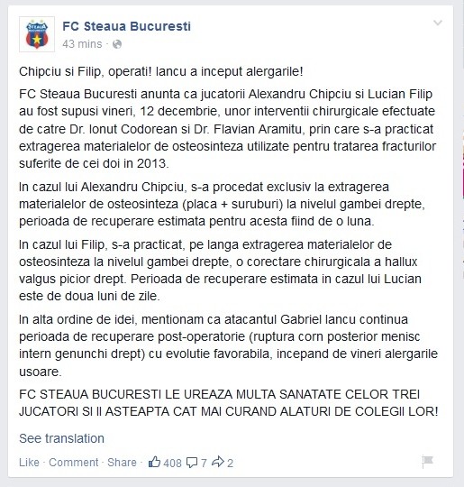 Comunicatul Stelei despre situaţia medicală a jucătorilor cu probleme