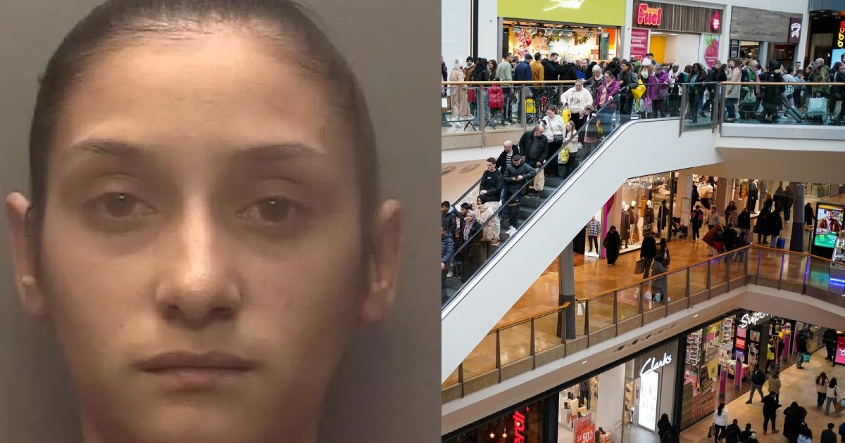 Poză cu fața unei femei brunete/ scări rulante pline de oameni, într-un centru comercial din Marea Britanie
