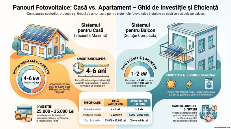 Ghid fotovoltaice casă vs apartament. Infografic realizat cu ajutorul Inteligenței Artificiale