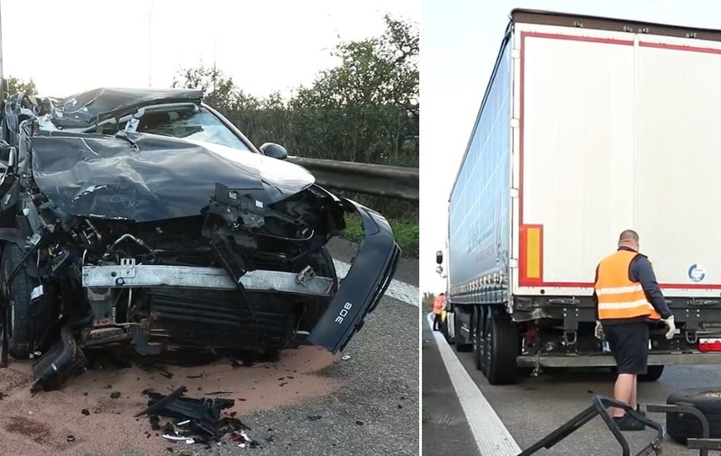 Colaj ce arată urmările unui accident rutier, având în stânga un autoturism negru distrus aproape complet în partea din față, iar în dreapta spatele camionului implicat în coliziune.