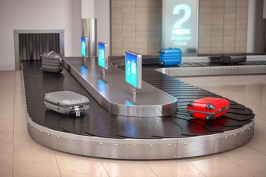 Suitcases on the airport luggage conveyor belt.