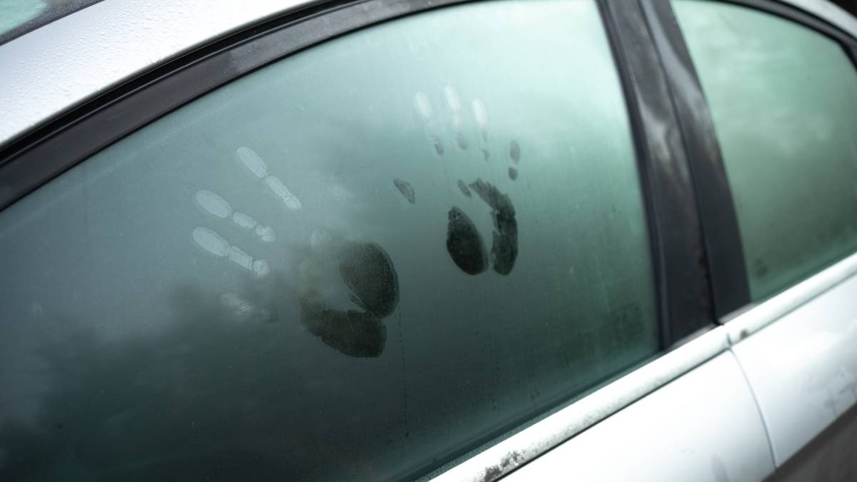 cadrul strans cu geamul unei masini gri aburit, pe el se vad urmele a două palme