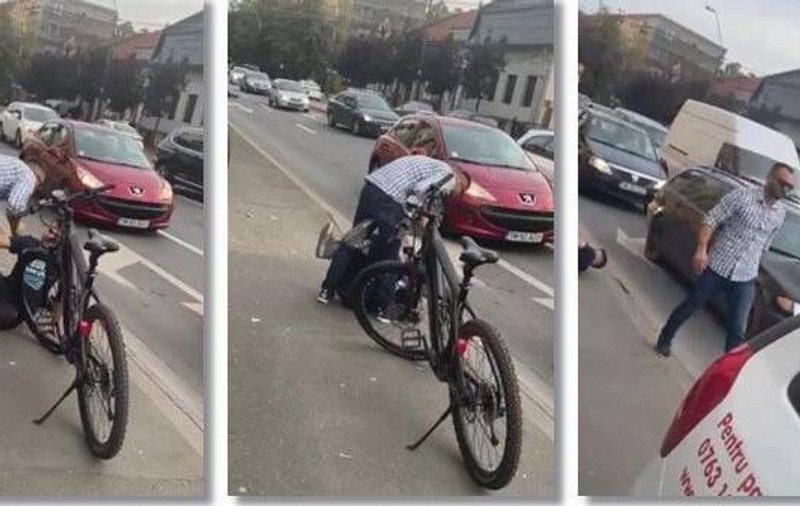 Șofer din Timișoara, bătut în trafic de un biciclist după ce a parcat pe trotuar. Poliția îl caută pe agresor