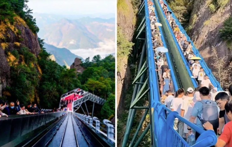 „Alpinism fără dureri musculare” sau „moartea drumețiilor”? Chinezii au montat scări rulante către vârful muntelui Tianyu