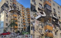 Colaj cu două fotografii în care apare blocul distrus de o explozie, în cartierul Rahova din București, pe 17 octombrie 2025.