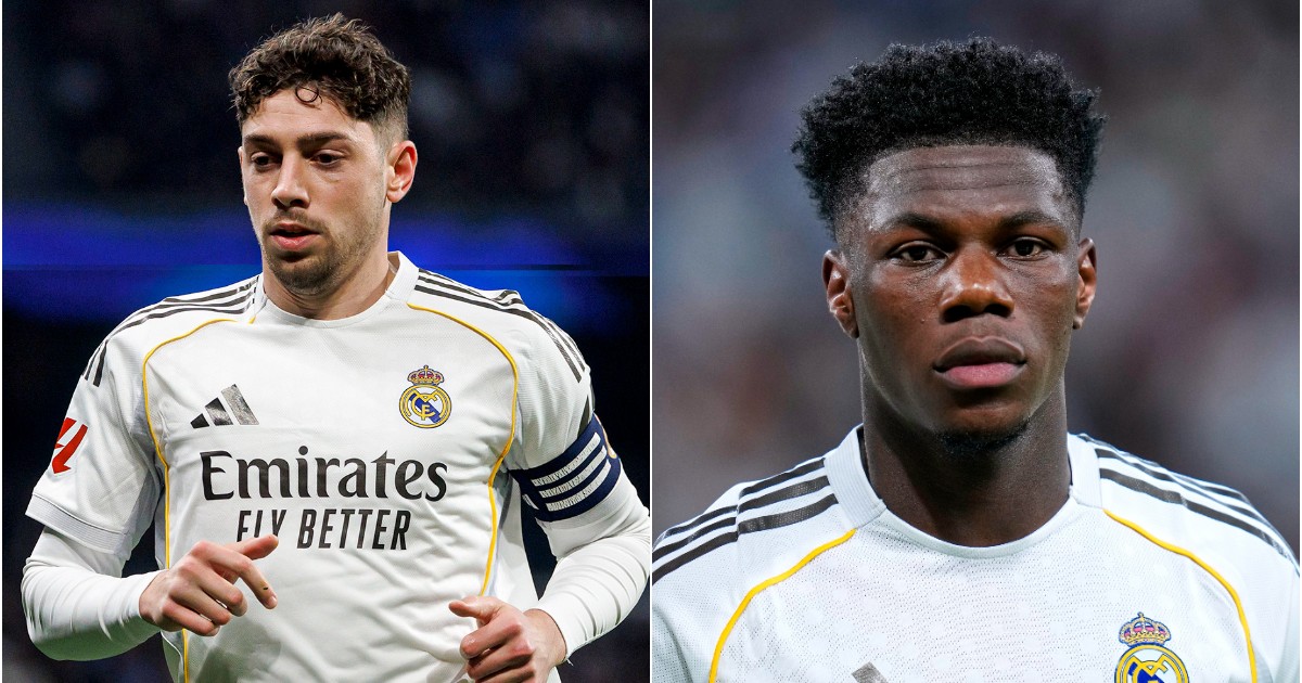 Fotografia îi prezintă pe Federico Valverde și Aurélien Tchouaméni în tricourile lui Real Madrid, înaintea unui meci disputat pe stadion. Ambii fotbaliști apar concentrați, într-un cadru care evidențiază atmosfera intensă din competițiile de top.