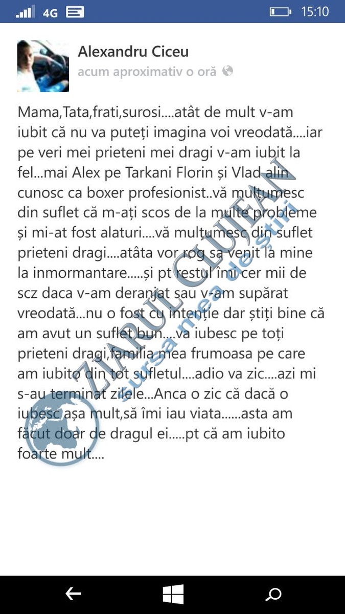 Mesajul de adio al tânărului din Cluj-Napoca