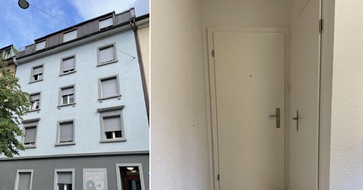 O fotografie împărțită în două secțiuni: în stânga se vede o clădire cu trei etaje și mansardă, cu fațada bleu, iar în dreapta se vede o ușă albă într-un hol îngust.