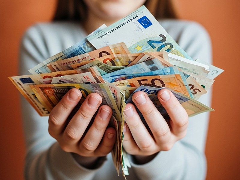 O femeie cu mâinile pline de bancnote de euro
