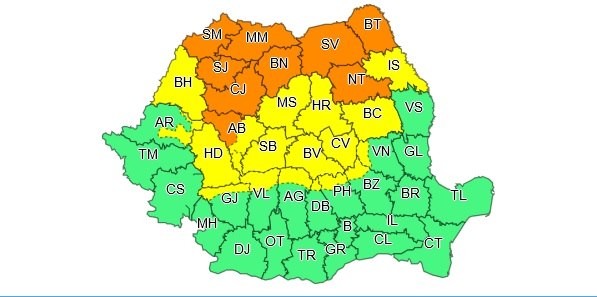 Harta zonelor vizate de cod portocaliu și cod galben