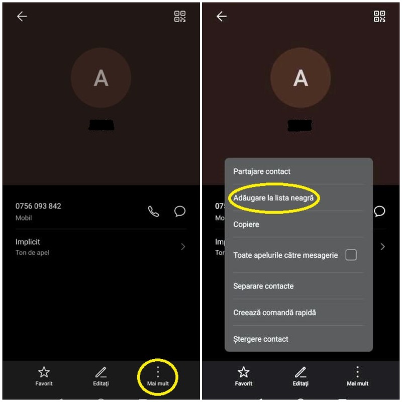 Blocarea unui apel necunoscut din lista de contacte