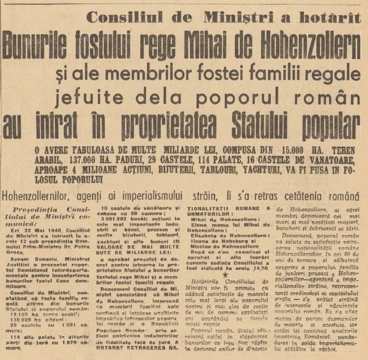 Libertatea prezintă un facsimil din ziarul Scînteia apărut pe 24 mai 1948, în care regimul comunist anunța confiscarea averii și retragerea cetățeniei române pentru familia regală
