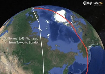 Pe unde zbura avionul e la Tokyo la Londra și retur înaintea conflictului militar din Ucraina - cu alb - și pe unde zboară acum - cu roșu. Devierea a adăugat cursei peste 3.600 de kilometri și peste 3 ore, la durată