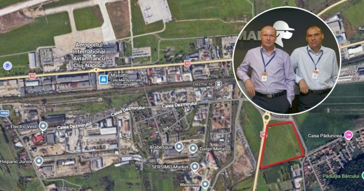 Hartă Google Maps în care se vede aeroportul din Cluj-Napoca și împrejurimile, iar într-o oglindă cei doi frați Pavăl, fondatorii Dedeman