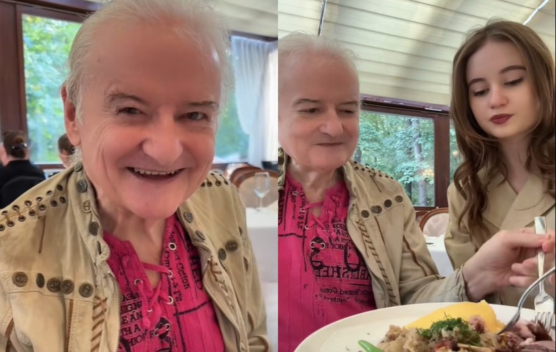 Irinel Columbeanu, la restaurant cu fiica Irina. Ea i-a tăiat friptura și l-a șters la gură, iar el a reacționat: „Viața e frumoasă”