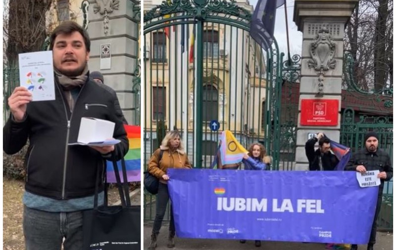 Protest LGBT+ la sediul PSD din București. Manifestanții au adus cadouri pentru Marcel Ciolacu | VIDEO