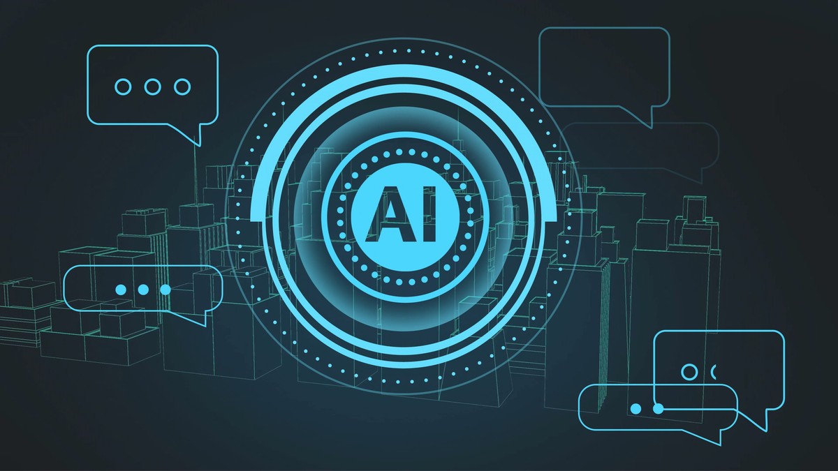 Concept de inteligență artificială cu bule de chat digitale și peisaj urban futurist. Tehnologie, IA, viitor, inovație, comunicare, oraș inteligent