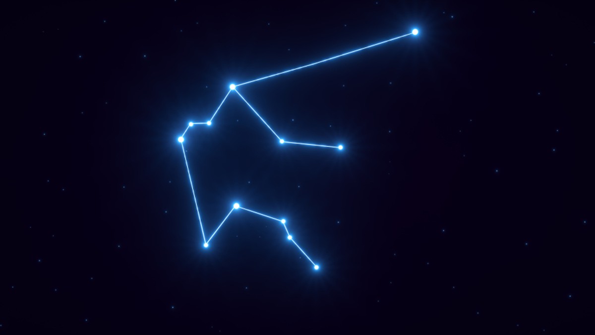 Zodia Vărsător în 2024. Anul cu cele mai bune alegeri - Imagine cu semnul zodiacal al Vărsătorului format din stele unite cu o linie strălucitoare, pe un fond negru.