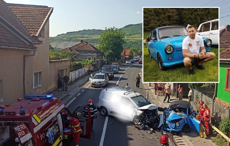 Tânăr polițist de la Rutieră mort în Trabantul pe care-l conducea și care a fost distrus, la Șoimuș, în Hunedoara