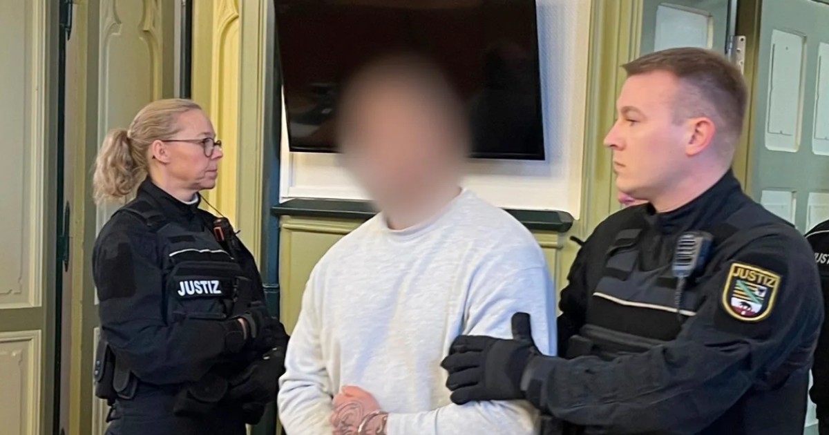 În imagine se vede un bărbat aflat în custodia autorităților, cu fața intenționat blurată pentru protejarea identității. El poartă un hanorac deschis la culoare și are mâinile încătușate în față, vizibile cu tatuaje pe încheieturi.De o parte și de alta se află doi agenți în uniforme negre, inscripționate cu „JUSTIZ”, ceea ce indică faptul că scena are loc într-o instituție a sistemului judiciar din Germania.