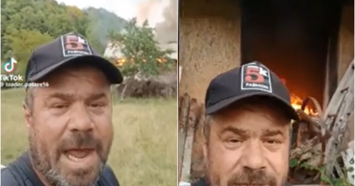 Imaginea este un colaj de două fotografii cu un bărbat care se filmează purtând o șapcă neagră, în timp ce un incendiu are loc în spatele său. În plan îndepărtat, în stânga, se vede o structură în flăcări pe un deal, iar în dreapta, focul este mai aproape de el, într-o zonă care pare a fi un interior sau o vatră.