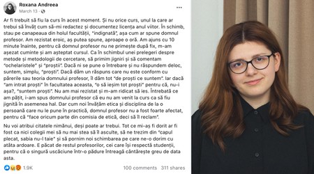 Statusul Roxanei Beșleagă în care a vorbit despre limbajul de la cursuri al unui profesor de la Jurnalism s-a răspândit repede online. Foto: arhiva personală. 
