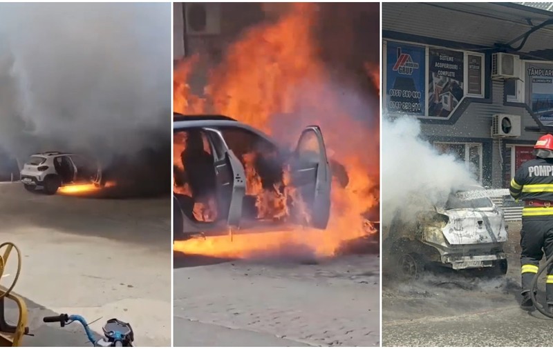 Video cu momentul în care o Dacia Spring a luat foc din senin în parcare, la Tulcea. Mașina a ars complet