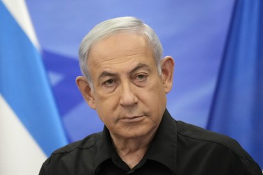 Israeli Prime Minister Benjamin Netanyahu attends a joint press conference with French President Emmanuel Macron in Jerusalem, Israel, on Tuesday, October24, 2023. Emmanuel Macron is traveling to Israel to show France’s solidarity with the country and further work on the release of hostages who are being held in Gaza. Photo by Christophe Ena/Pool/ABACAPRESS.COM