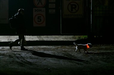 O persoană a ieșit la plimbare cu câinele pe o stradă întunecată în timpul unei pene de curent din Kiev, pe 8 noiembrie 2022. | Foto: Profimedia
