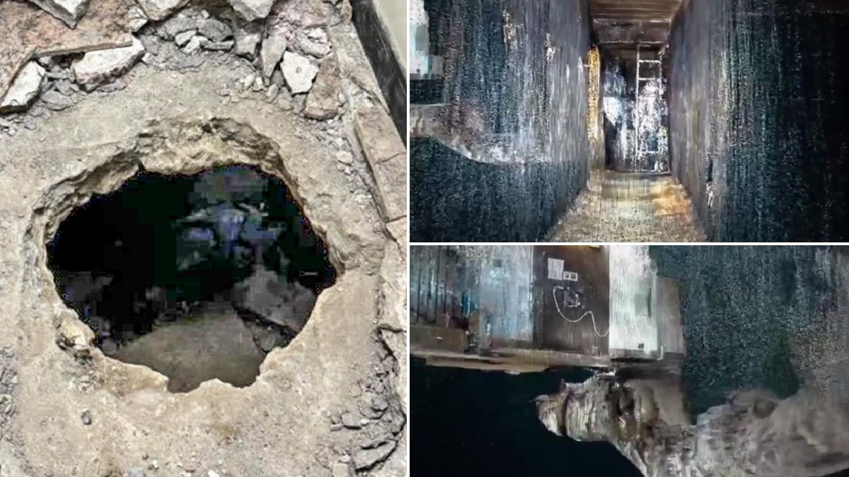 Imaginea este un colaj care prezintă o gaură săpată într-o podea de beton și imagini detaliate din interiorul unui tunel îngust și întunecat, prevăzut cu o scară metalică, sugerând calea de acces folosită în timpul unui jaf bancar.